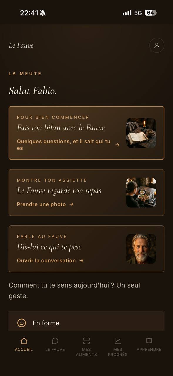 L'application Le Fauve, écran d'accueil